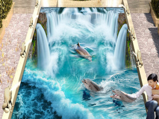 Custom 3D Flooring Mural Wallpaper Stereoscopic Dolphin Waterfall Floor Sticker Painting Bathroom Floor Decor