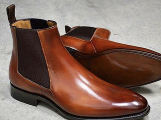 New Brown Chelsea Boots for Men Black Business Handmade Men's Short Boots Round Toe Slip-On Ankle Boots Free Shipping