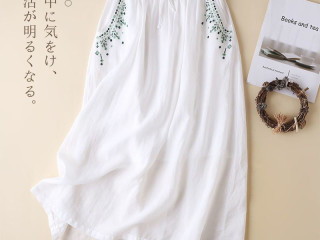 Chinese Style Embroidery Linen Cotton A-Line Knee-Length Skirt for Women